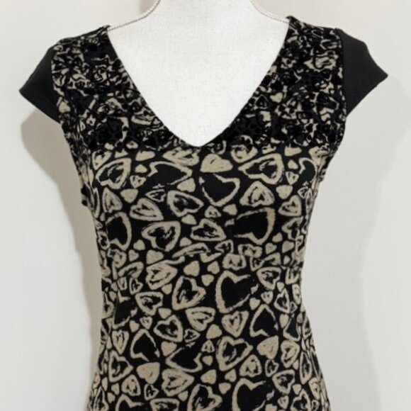 Desigual Black & Tan Heart Print Dress Cap Sleeves Pullover Short Size S - Picture 2 of 8